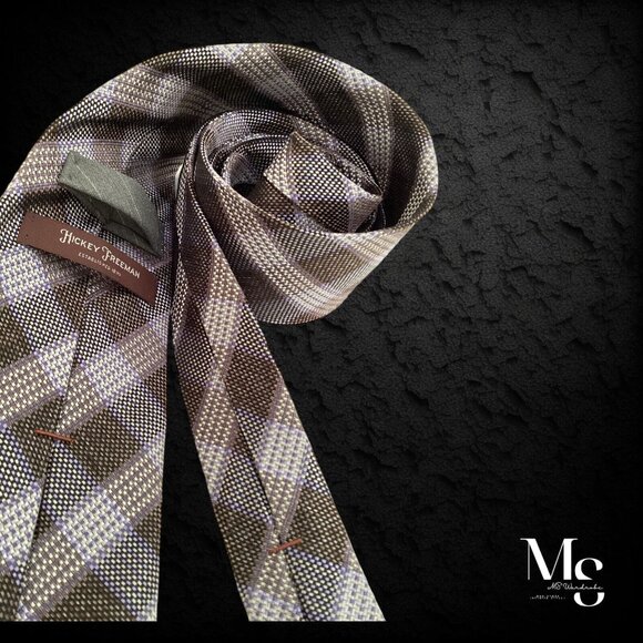 HICKEY FREEMAN Brown Purple PLaids & Cheks Silk Tie Made In USA W: 3.4" EX COND - Picture 3 of 7